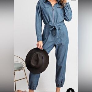 NWT Easel Denim Boiler Belted Long Sleeve Jumpsuit Size S